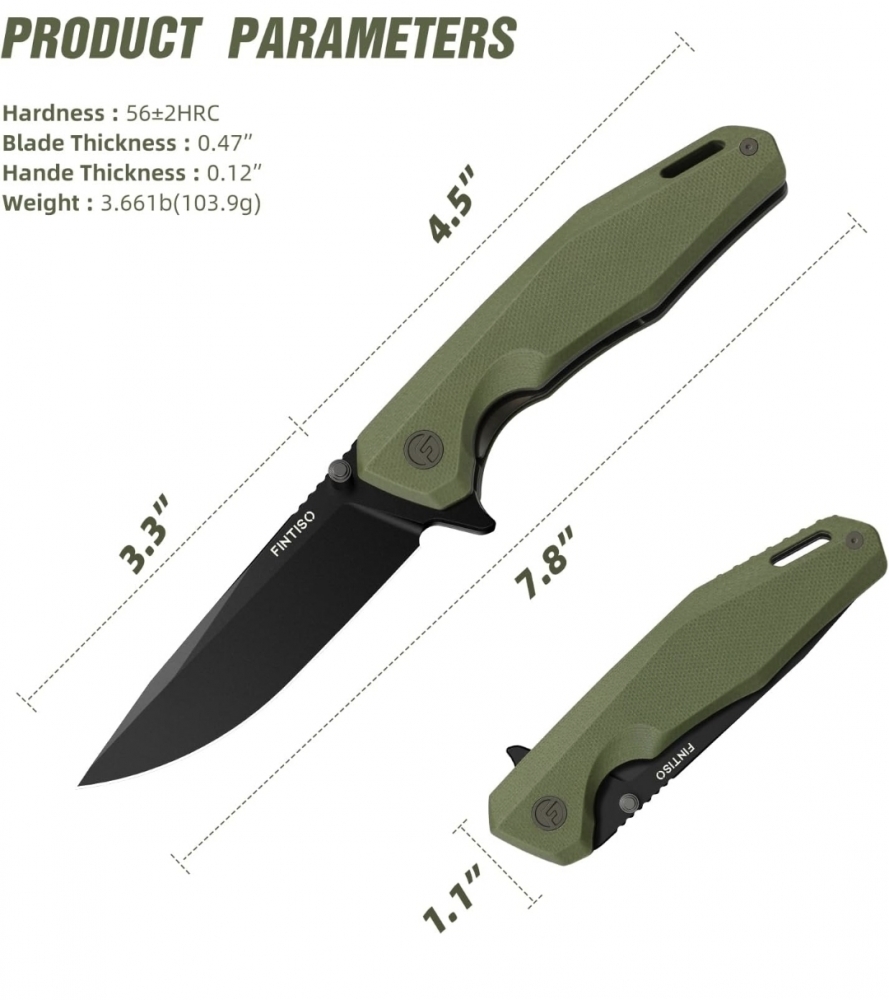 Fintiso \"Odyssey\" (FHW-2023-010-1) Flipper/Liner Lock, 14C28N Steel Clip Point Blade, OD Green G10 Scales