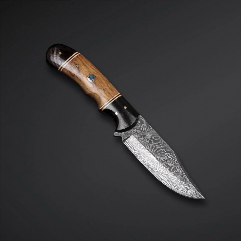 Hand Forged Damascus Pocket Knife: Olive Wood Handle, Leather Sheath