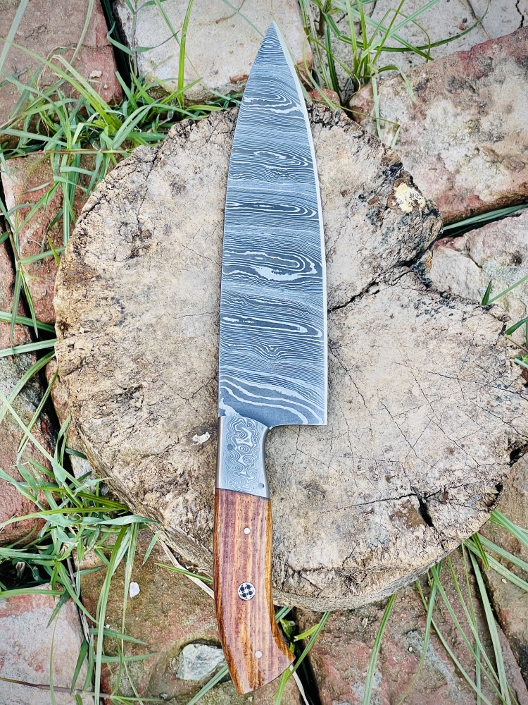Custom Hand-Forged Damascus Chef Knife with Rosewood & Damascus Bolster Handle