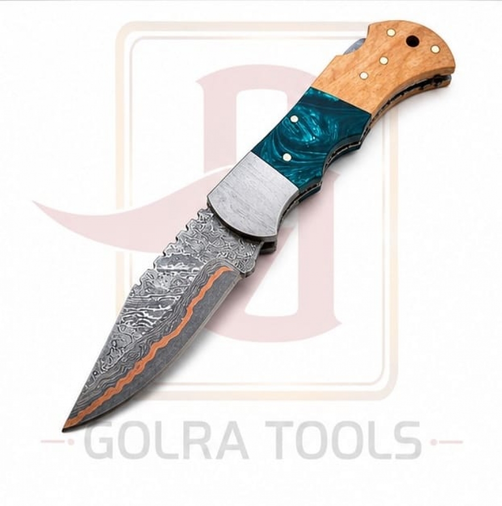 Hand Forged Damascus Steel Folding Pocket Knife with Copper Layer | Olive Wood & Resin Handle | Leather Sheath | Handmade EDC Knife