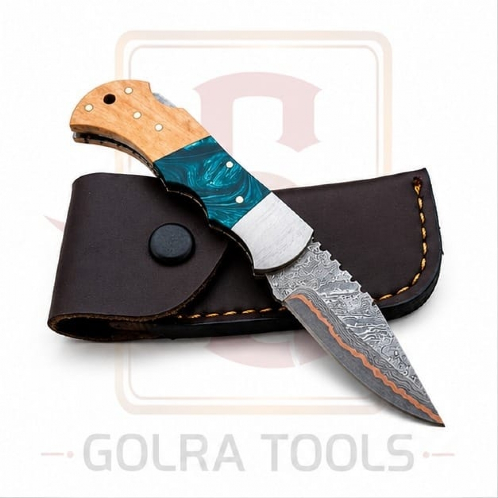 Hand Forged Damascus Steel Folding Pocket Knife with Copper Layer | Olive Wood & Resin Handle | Leather Sheath | Handmade EDC Knife