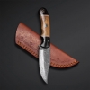 Hand Forged Damascus Pocket Knife: Olive Wood Handle, Leather Sheath