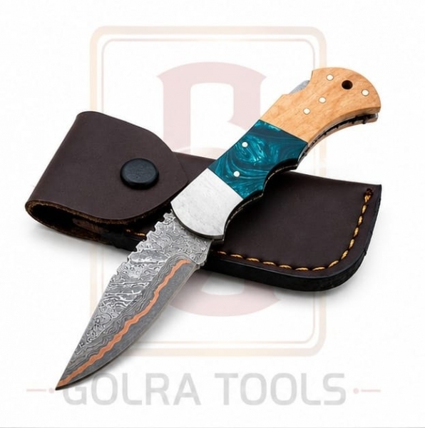 Hand Forged Damascus Steel Folding Pocket Knife with Copper Layer | Olive Wood & Resin Handle | Leather Sheath | Handmade EDC Knife