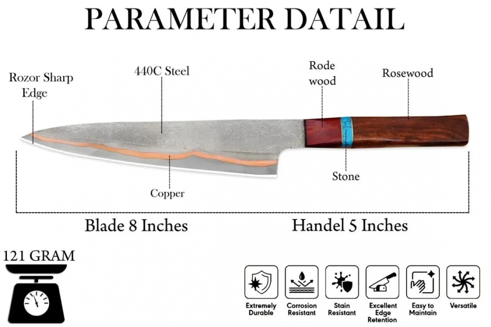Handmade Copper Damascus Chef Knife with Wooden Handle | Custom Leather Sheath & Premium Gift Box | OEM ODM Kitchen Knife
