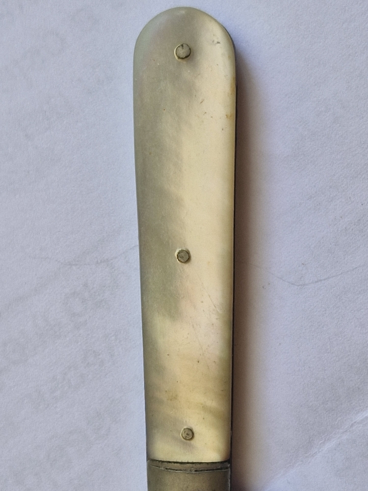 Antique Mother of Pearl Folding Fruit Knife Engraved Blade Sterling Silver with Hallmarks 5cm