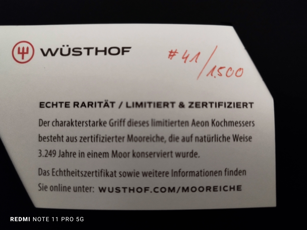 Up for sale is a highly collectible masterpiece from Wüsthof’s crown jewel collection: the Wüsthof AEON 20cm (8\") Chef’s Knife.This is a strictly limited release of only 1,500 pieces worldwide, and it is long sold out everywhere.What makes this specific k