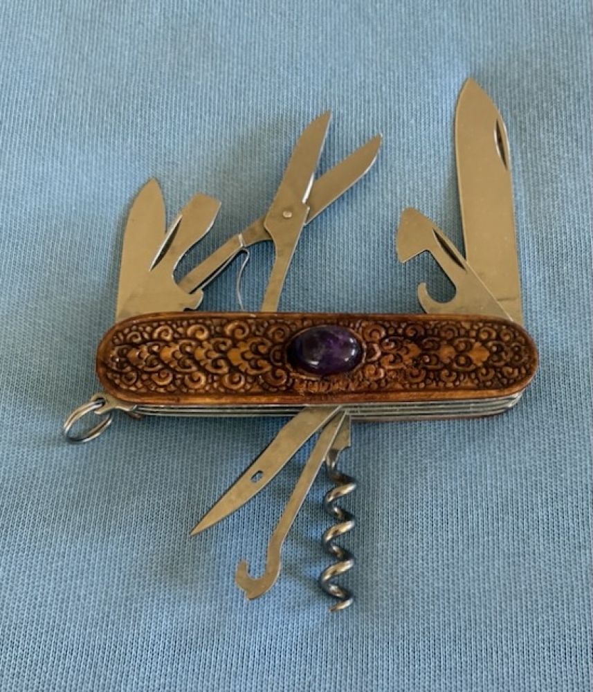 Custom Carved Victorinox \"Climber\" Swiss Army Knife Carved Collectors Pocketknife embedded with an AMETHYST semi-precious Gemstone… (91mm / MPN 53381) 