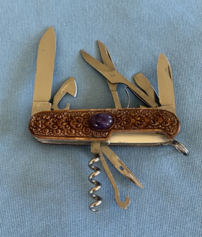 Custom Carved Victorinox \"Climber\" Swiss Army Knife Carved Collectors Pocketknife embedded with an AMETHYST semi-precious Gemstone… (91mm / MPN 53381) 