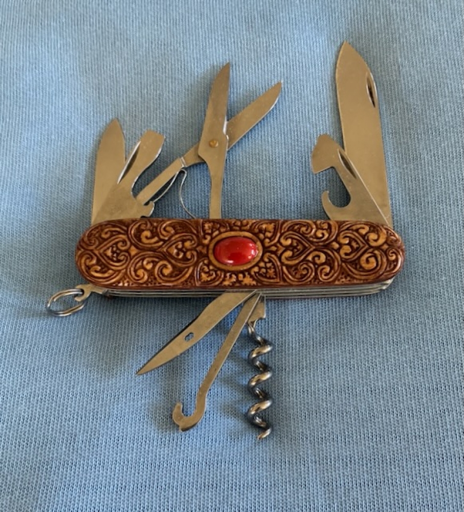 Custom Carved Victorinox \"Climber\" Swiss Army Knife Carved Collectors Pocketknife embedded with a CARNELIAN semi-precious Gemstone… (91mm / MPN 53381) 