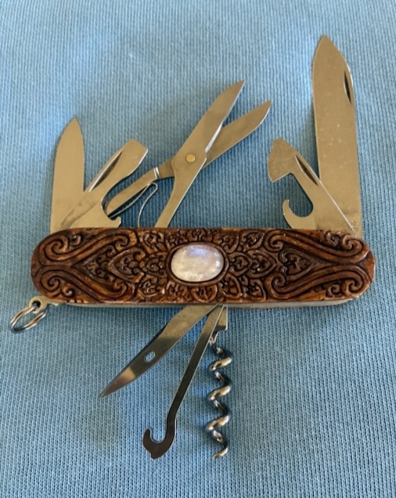 Custom Carved Victorinox \"Climber\" Swiss Army Knife Carved Collectors Pocketknife embedded with a MOONSTONE semi-precious Gemstone… (91mm / MPN 53381) 