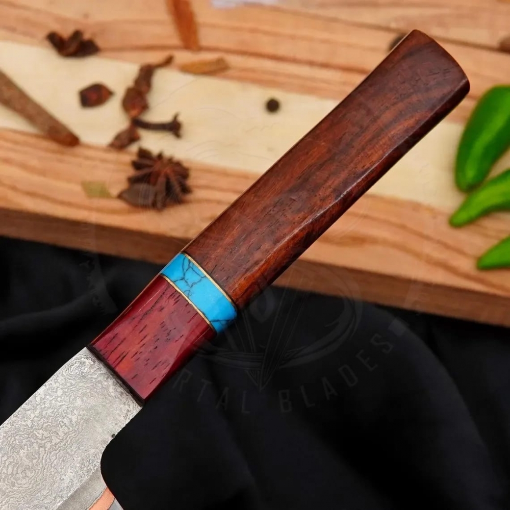 Handmade Copper Damascus Chef Knife with Wooden Handle | Custom Leather Sheath & Premium Gift Box | OEM ODM Kitchen Knife