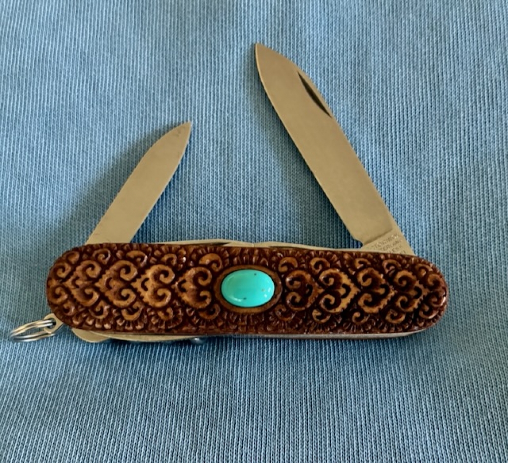 Custom Carved Victorinox \"Climber\" Swiss Army Knife Carved Collectors Pocketknife embedded with a TURQUOISE semi-precious Gemstone… (91mm / MPN 53381) 