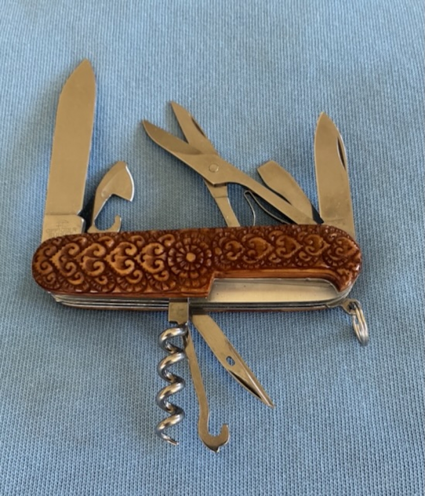 Custom Carved Victorinox \"Climber\" Swiss Army Knife Carved Collectors Pocketknife embedded with a TURQUOISE semi-precious Gemstone… (91mm / MPN 53381) 