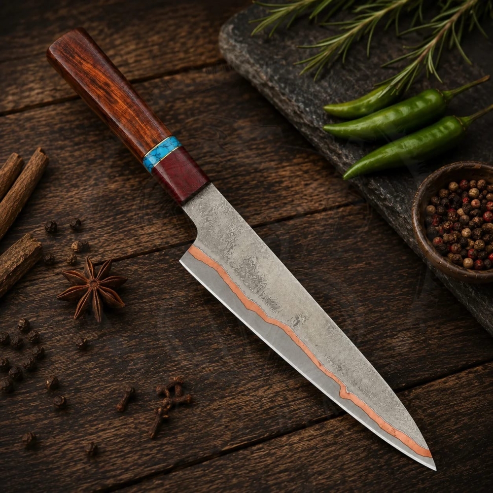 Handmade Copper Damascus Chef Knife with Wooden Handle | Custom Leather Sheath & Premium Gift Box | OEM ODM Kitchen Knife