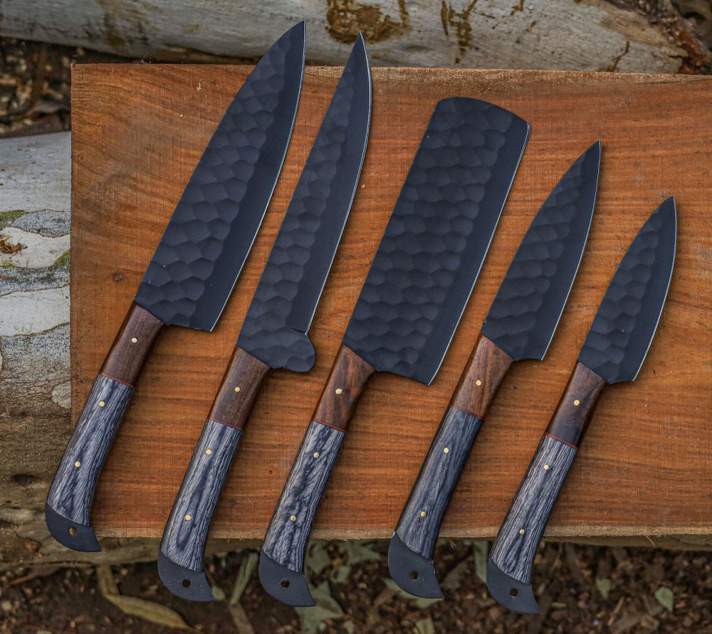 Hand Forged Carbon Steel Chef Knife Set, 5 Piece Butcher Knives with Leather Roll Bag