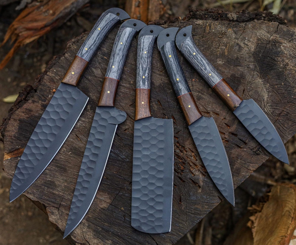 Hand Forged Carbon Steel Chef Knife Set, 5 Piece Butcher Knives with Leather Roll Bag