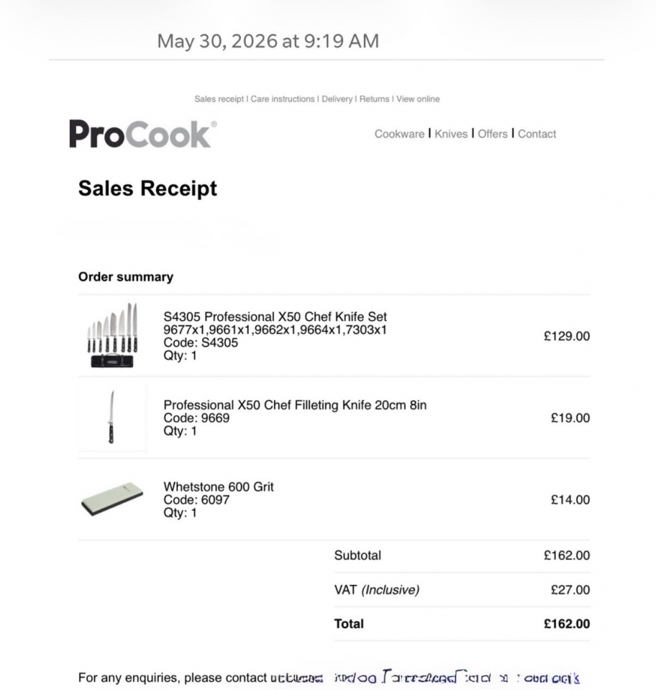 ProCook Professional X50 Chef Knife Set + Filleting Knife & Whetstone – UNUSED