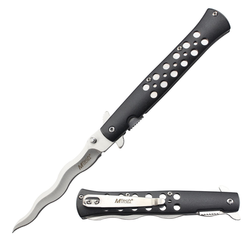 Tac-Force Assisted Open Kris Pocket Knife Folder Stainless Steel Wavy Blade Black Aluminum Handle New In Box