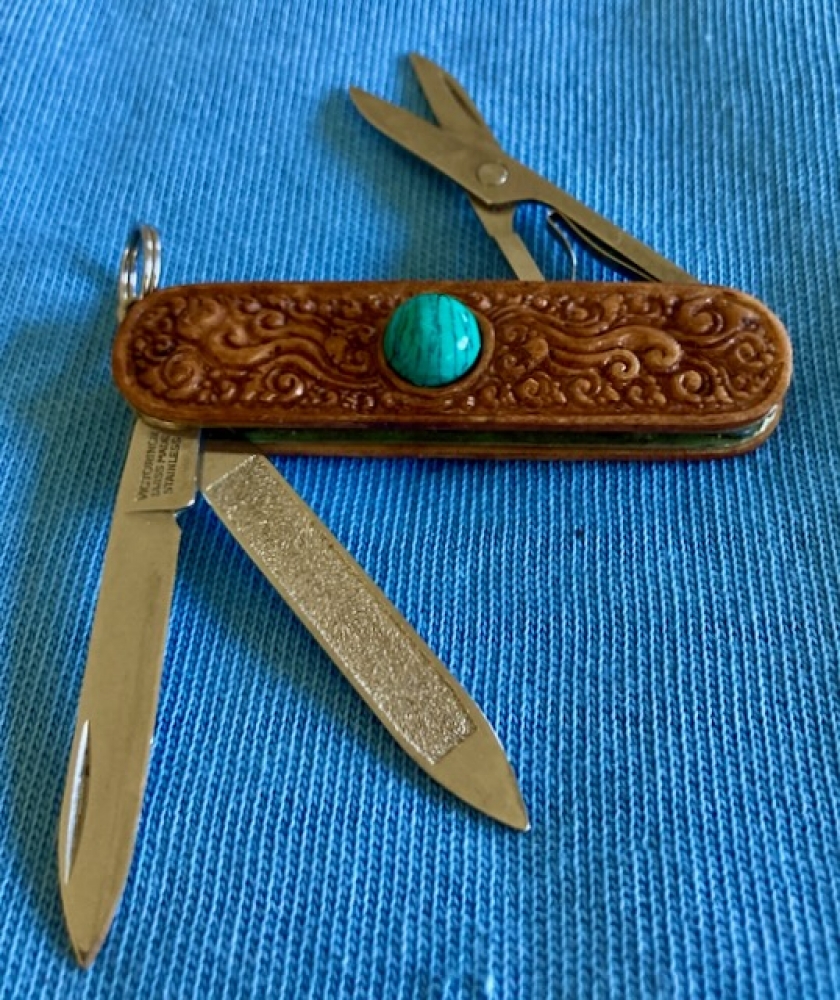 Custom Carved Victorinox \"Classic SD\" Swiss Army Knife Carved Collectors Pocketknife embedded with a TURQOUISE semi-precious Gemstone… (58mm / Global/European MPN 0.6223) 