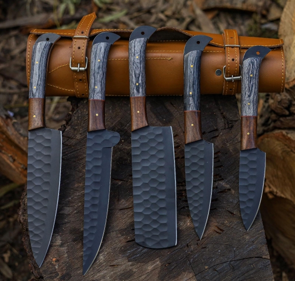 Hand Forged Carbon Steel Chef Knife Set, 5 Piece Butcher Knives with Leather Roll Bag