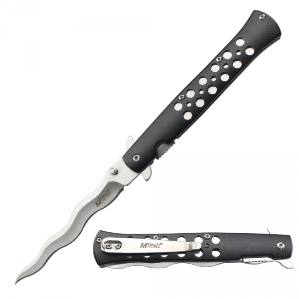 Tac-Force Assisted Open Kris Pocket Knife Folder Stainless Steel Wavy Blade Black Aluminum Handle New In Box