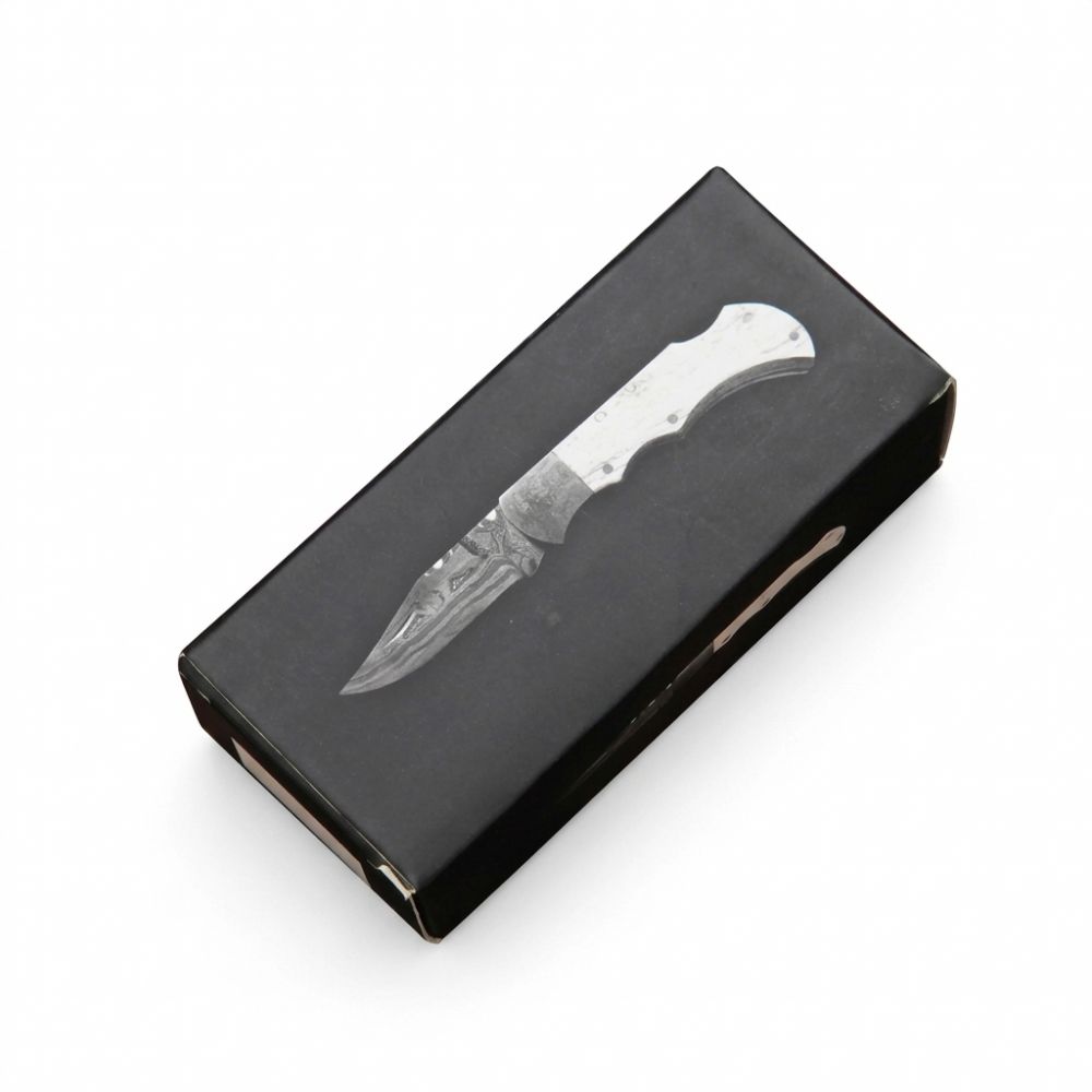 Handmade Copper Damascus Pocket Knife, Camel Bone Handle Folding Knife with Sheath