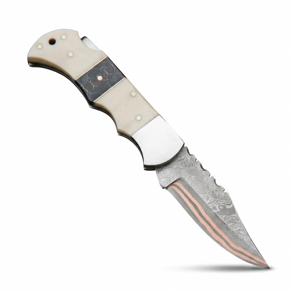 Handmade Copper Damascus Pocket Knife, Camel Bone Handle Folding Knife with Sheath