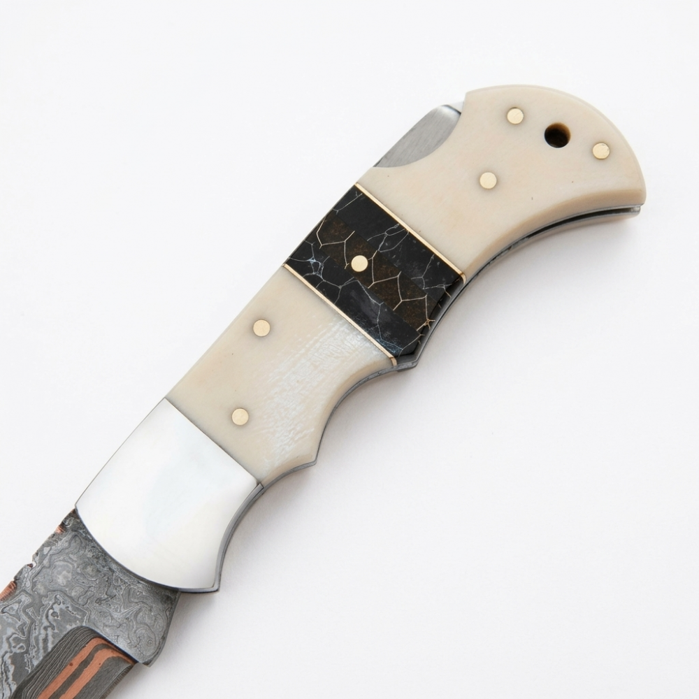 Handmade Copper Damascus Pocket Knife, Camel Bone Handle Folding Knife with Sheath