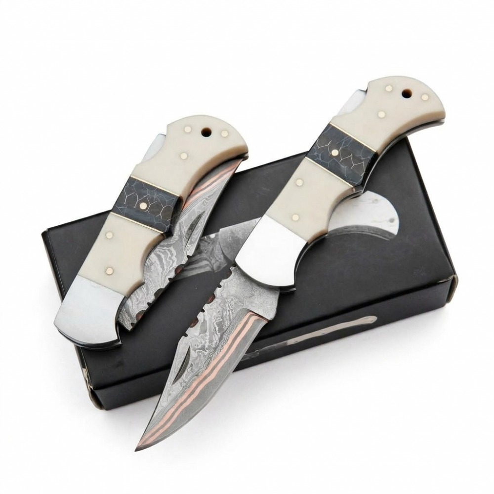 Handmade Copper Damascus Pocket Knife, Camel Bone Handle Folding Knife with Sheath