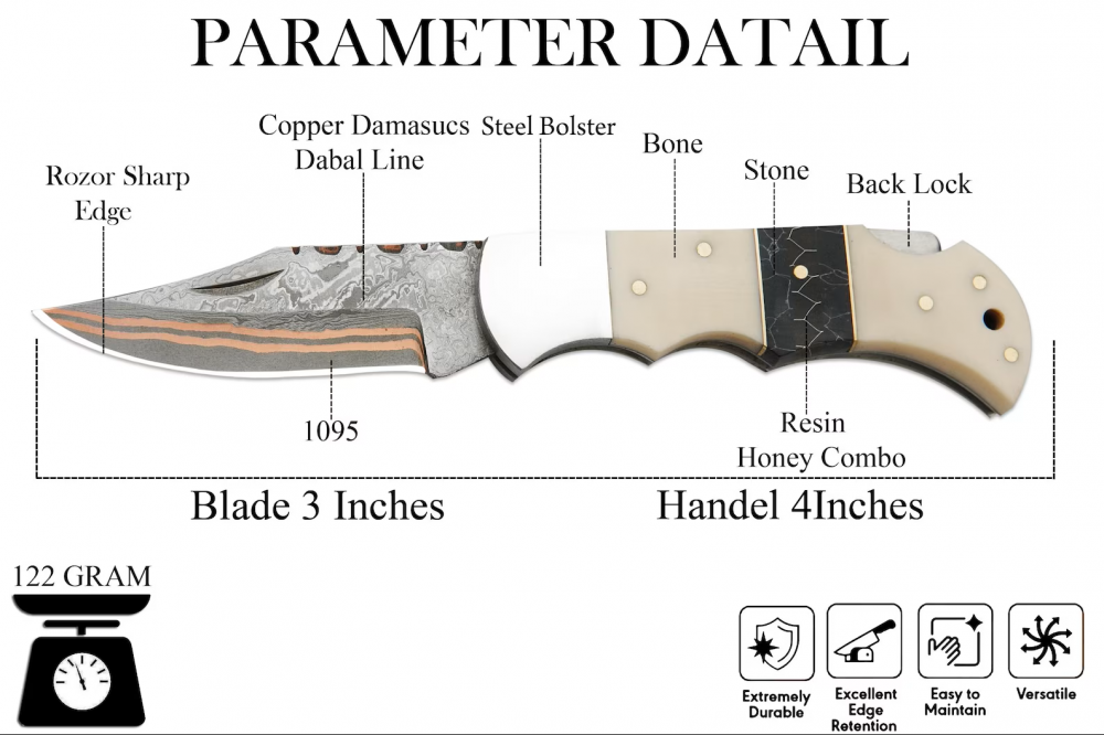 Handmade Copper Damascus Pocket Knife, Camel Bone Handle Folding Knife with Sheath