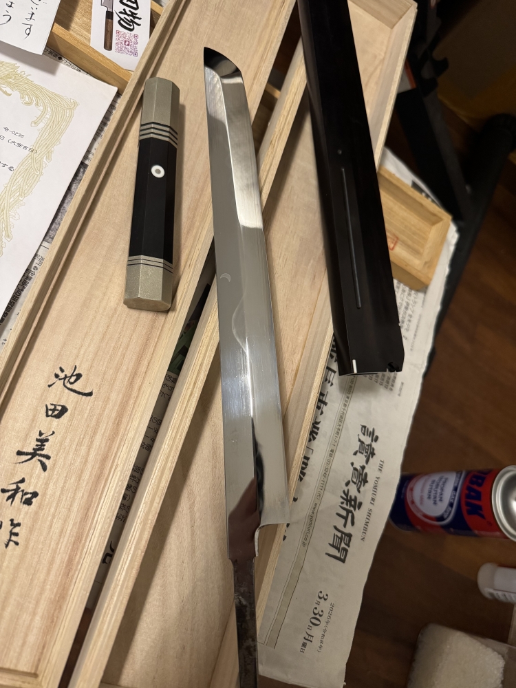 Yoshikazu Ikeda Shirogami #1 Mizu-Honyaki Sakimaru 300mm Mt Fuji Hamon Full Mirror Polish