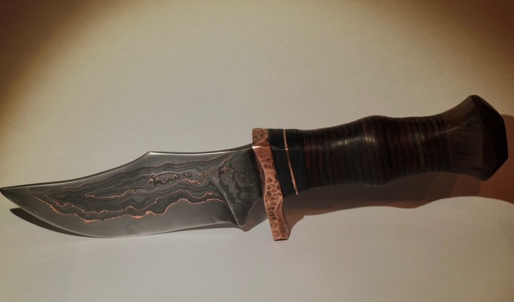 Copper Damascus Stacked Leather Handle 