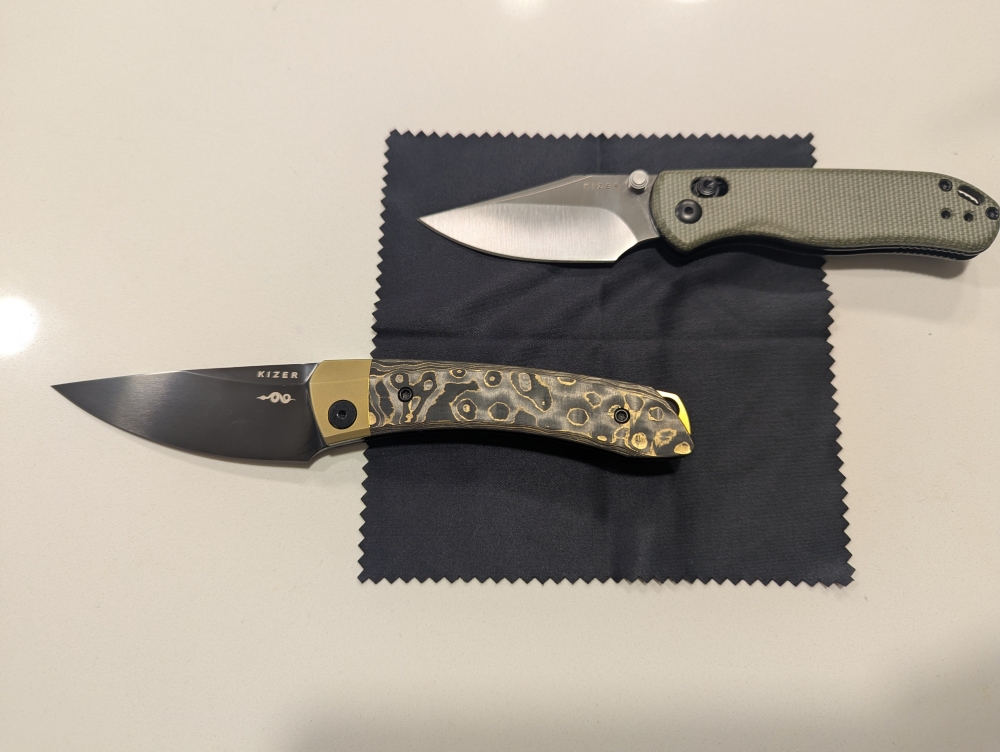 Kizer Knives Mini Momo Gold Camo & Drop Bear Micarta Clip Point Folding Knives