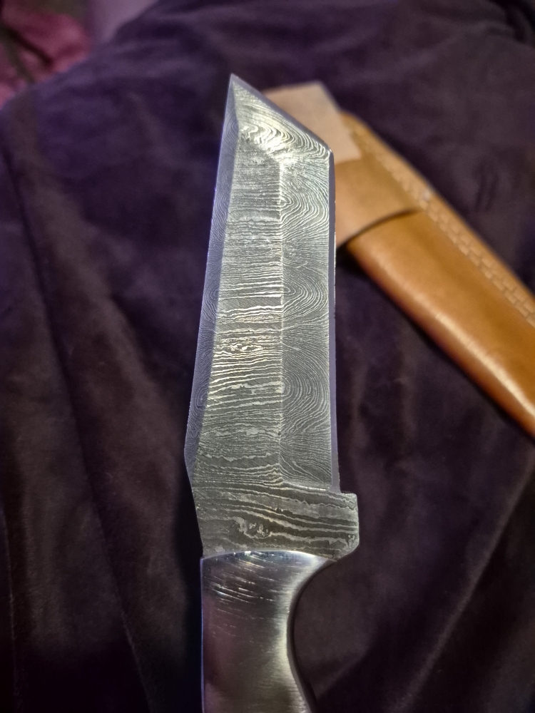 Custom Damascus Fixed Blade – Wood Handle – Modified Tanto Style – Leather Sheath