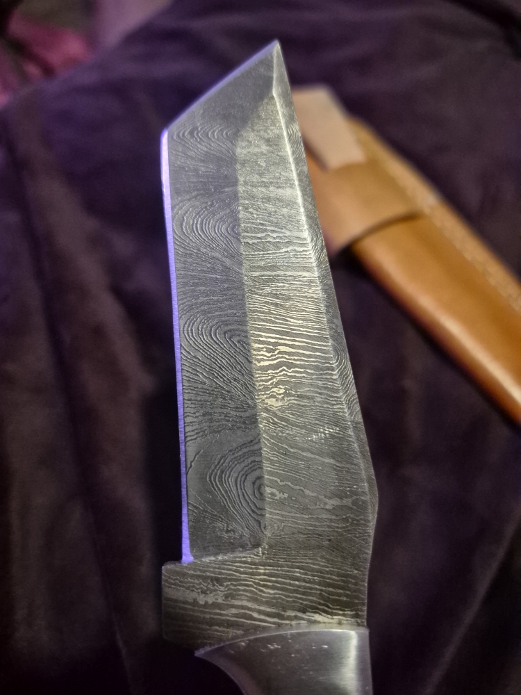 Custom Damascus Fixed Blade – Wood Handle – Modified Tanto Style – Leather Sheath