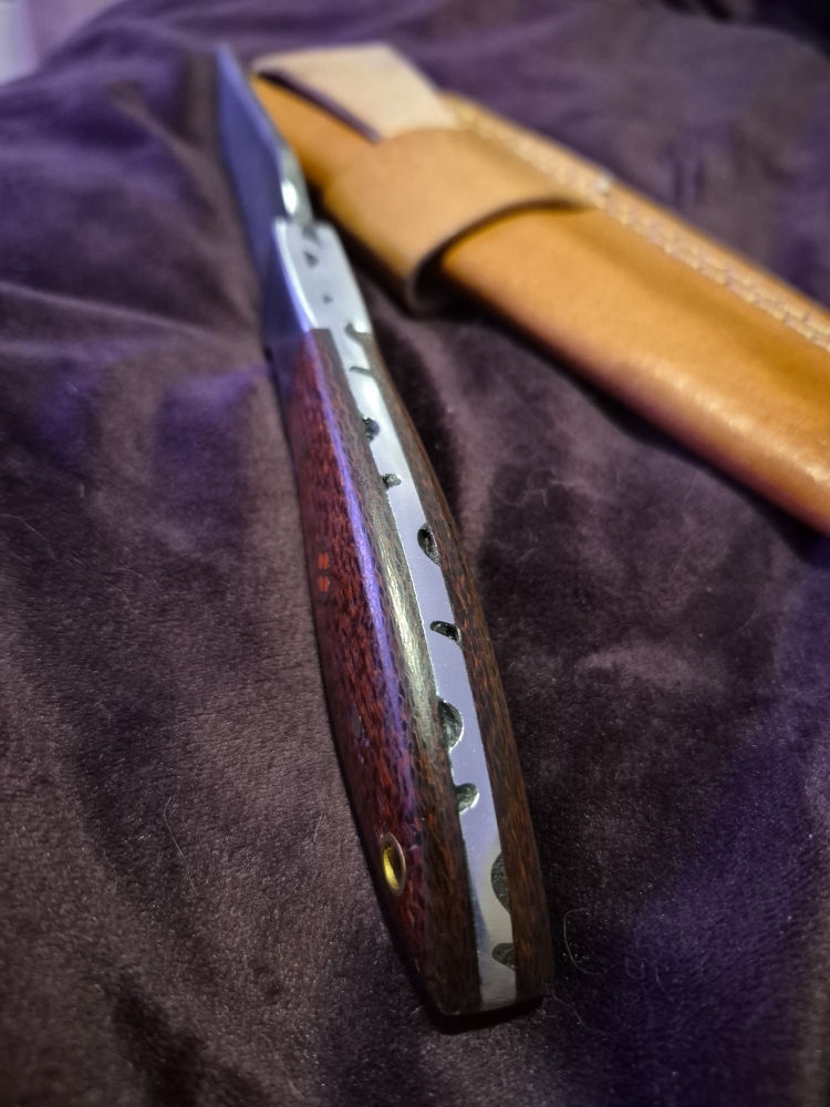 Custom Damascus Fixed Blade – Wood Handle – Modified Tanto Style – Leather Sheath