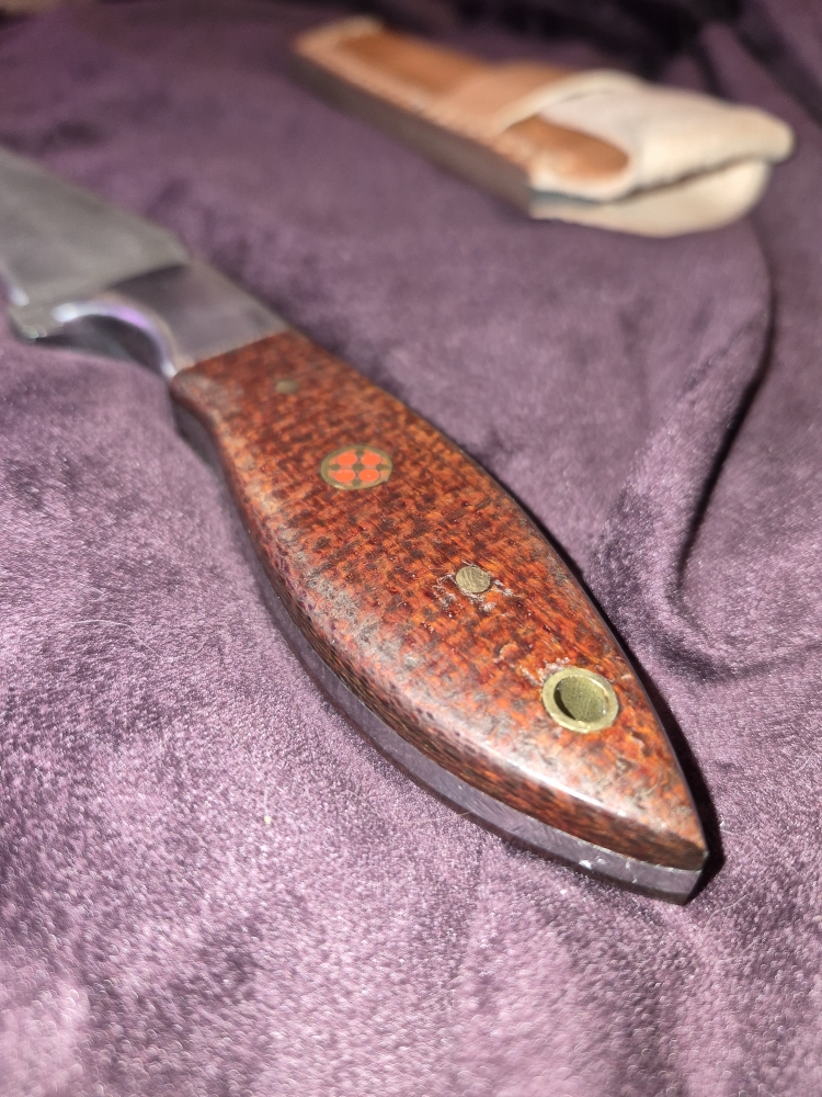 Custom Damascus Fixed Blade – Wood Handle – Modified Tanto Style – Leather Sheath