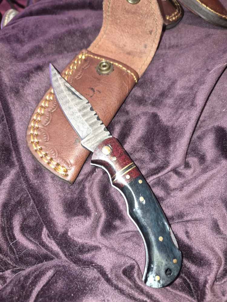 Damascus Knife Bundle – 3 Knives ( 3 Folding) – Brass Inlay, Bone & Wood Handles