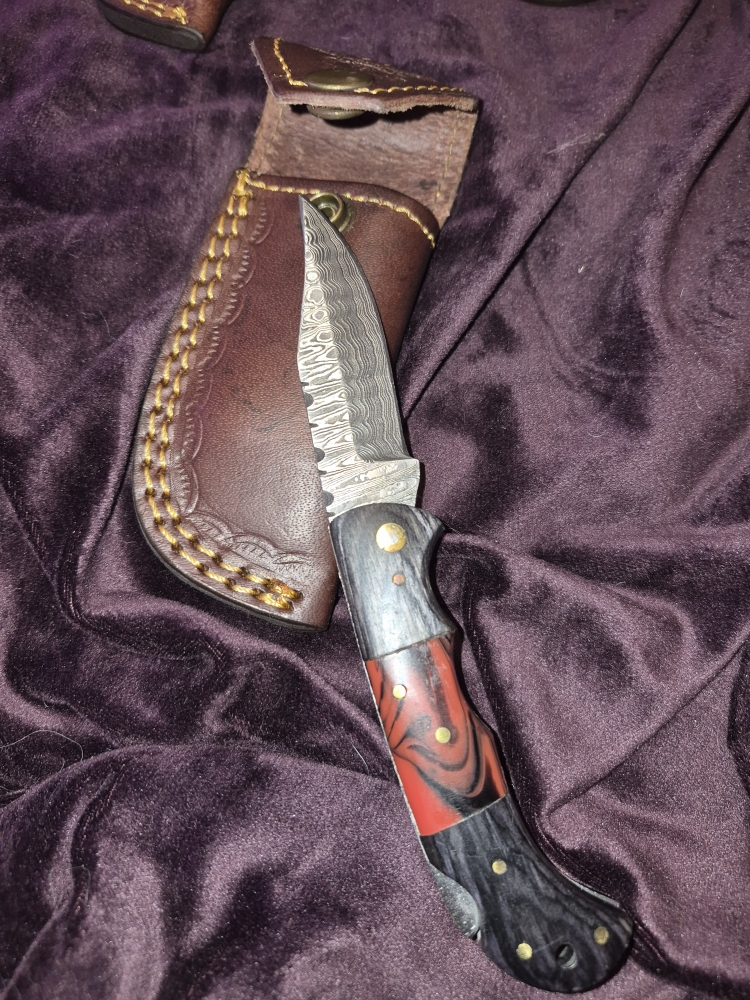 Damascus Knife Bundle – 3 Knives ( 3 Folding) – Brass Inlay, Bone & Wood Handles