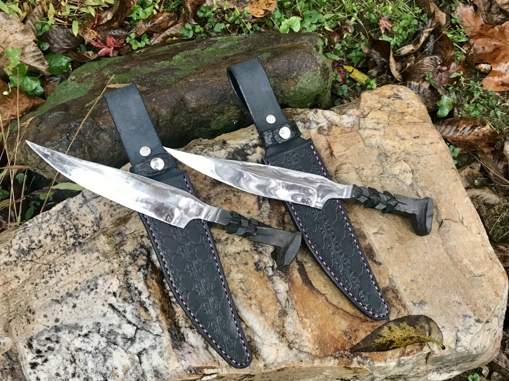 Set Of Railroad Spike Knives w/ “Dragon” Twisted Handle And Black Leather Sheaths