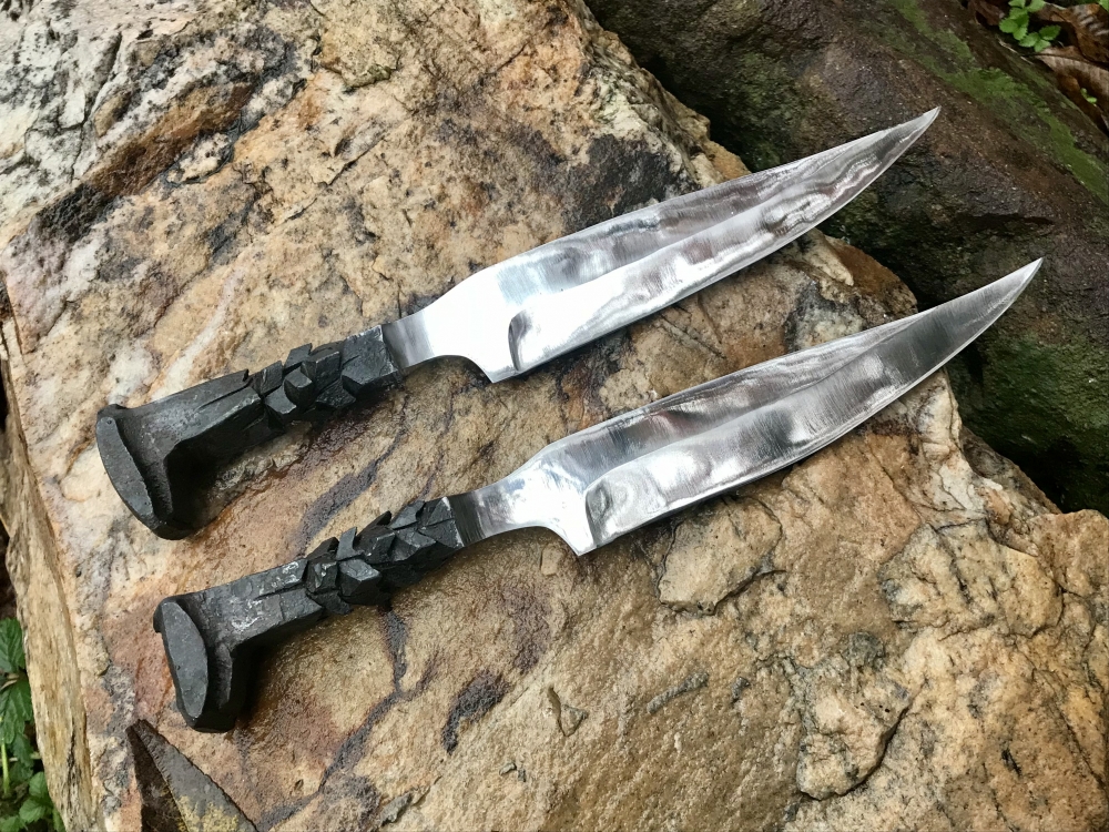 Set Of Railroad Spike Knives w/ “Dragon” Twisted Handle And Black Leather Sheaths