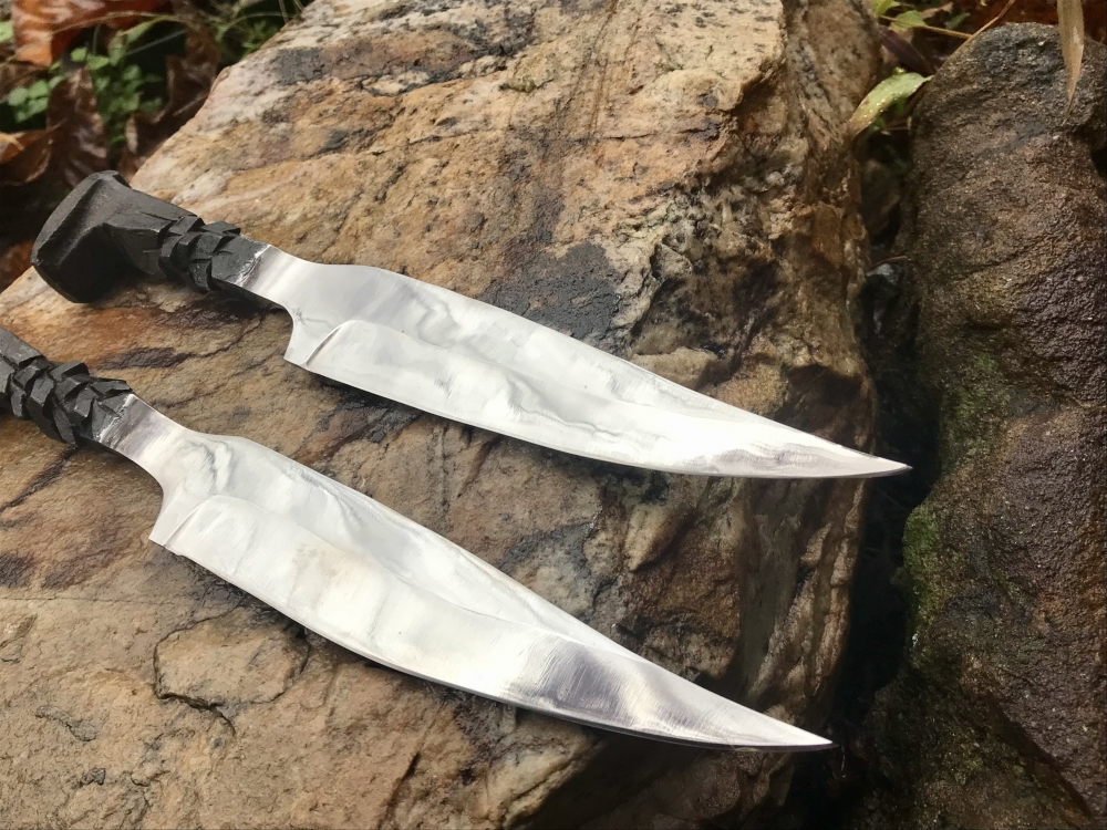Set Of Railroad Spike Knives w/ “Dragon” Twisted Handle And Black Leather Sheaths