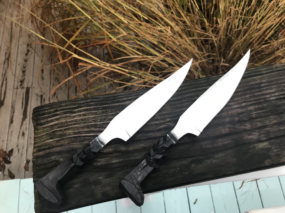 Set Of Railroad Spike Knives w/ “Dragon” Twisted Handle And Black Leather Sheaths