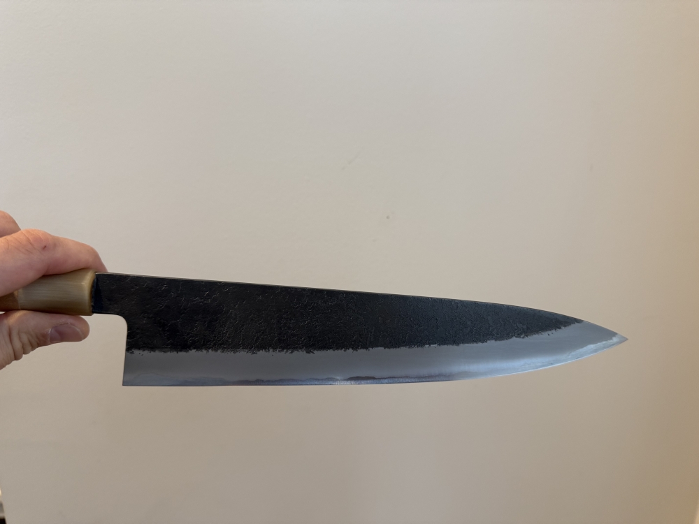 Mutsumi Hinoura Kurouchi Nashiji Aogami Super Stainless Clad Gyuto 240mm