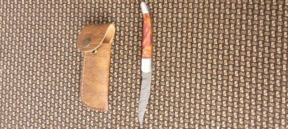 Handmade Damascus Steel Folding Knife with Sheath 