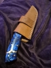 Custom Damascus Fixed Blade – Blue Resin Handle – Brass Inlay – Leather Sheath