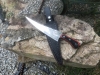 Raindrop Pattern Damascus Serrated Knife With Red Acrylic Handle With Black Leather Sheath 