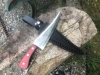 Raindrop Pattern Damascus Serrated Knife With Red Acrylic Handle With Black Leather Sheath 