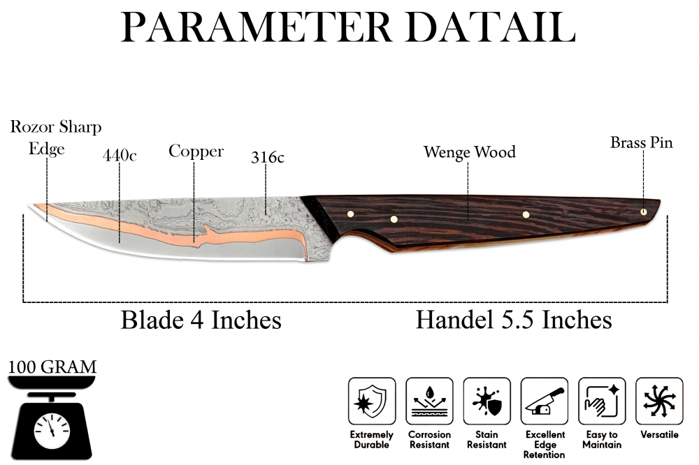 Handmade Copper Damascus Chef Knife | 440C Steel Kitchen Knife, Wenge Handle Gift For Cook Camping Knife