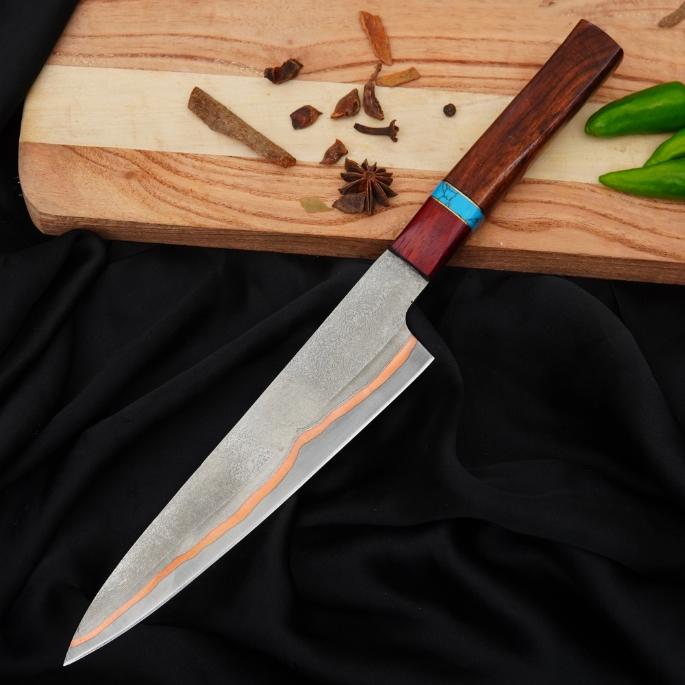 Hand Forged Copper Chef Knife - 440C Steel Kitchen Knife With Rosewood Handle & Leather Sheath